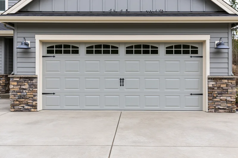 Wide two-car garage door on suburban craftsman-style home exterior