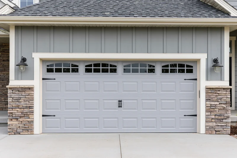 Wide two-car garage door on suburban craftsman-style home exterior