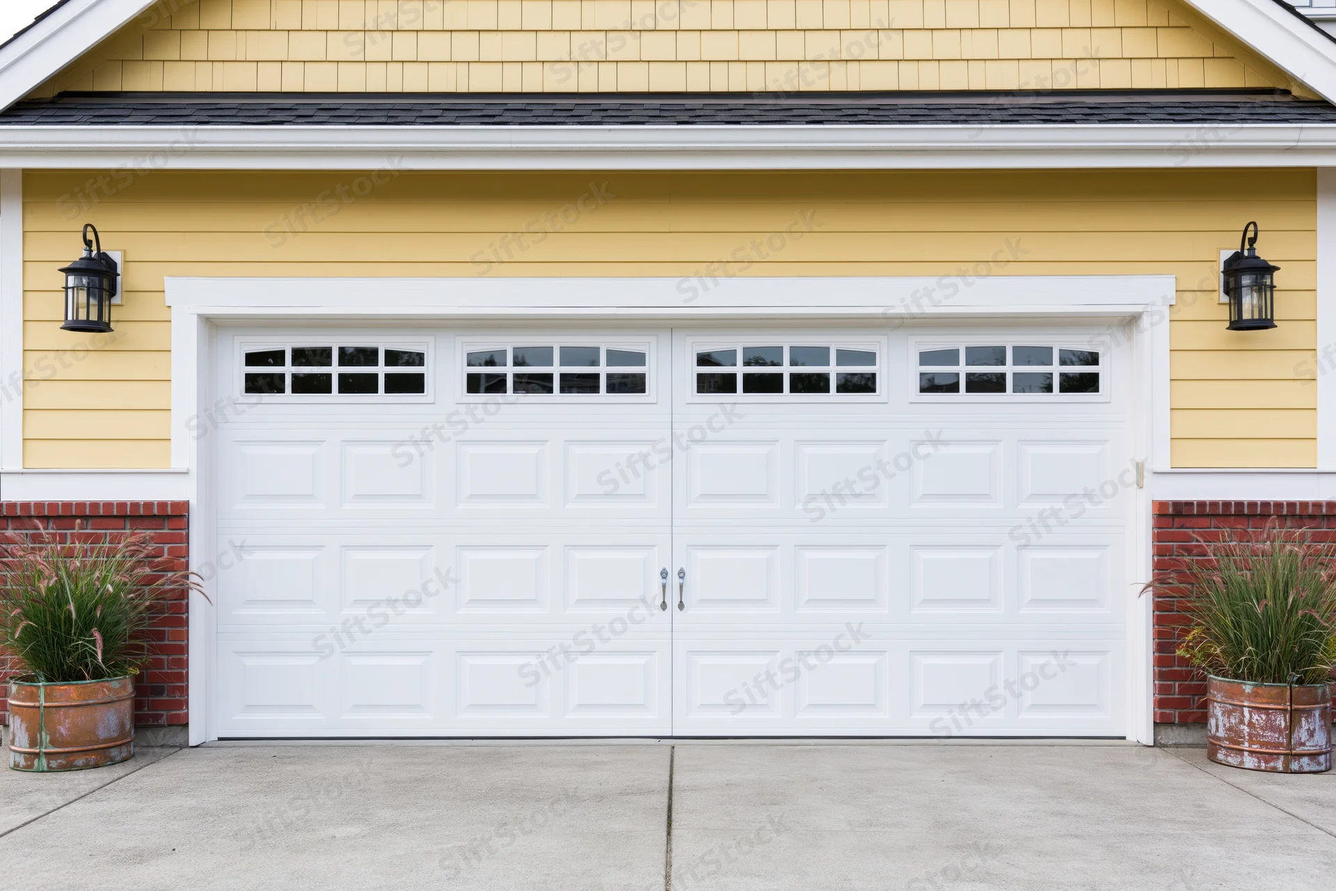 White double garage door with raised panels and windows on a yellow house exterior
