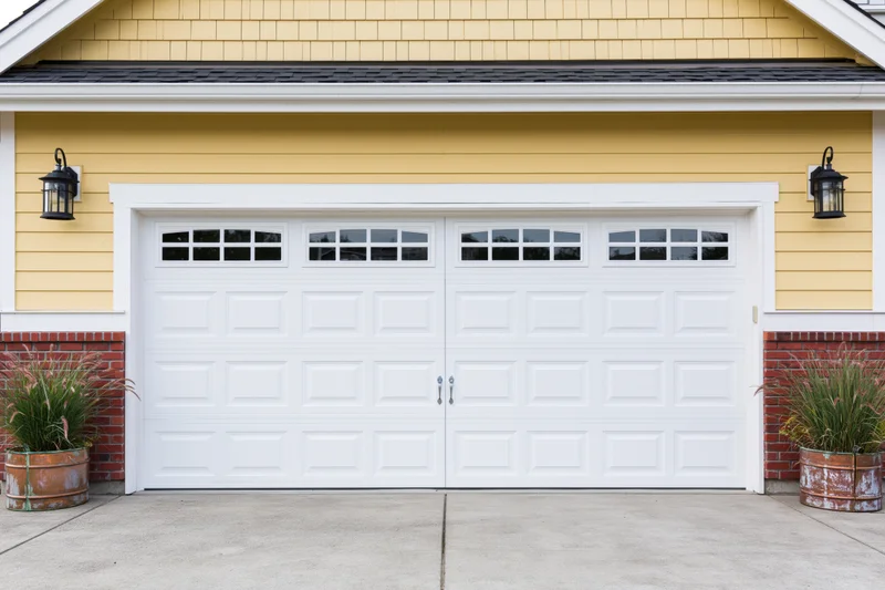 White double garage door with raised panels and windows on a yellow house exterior