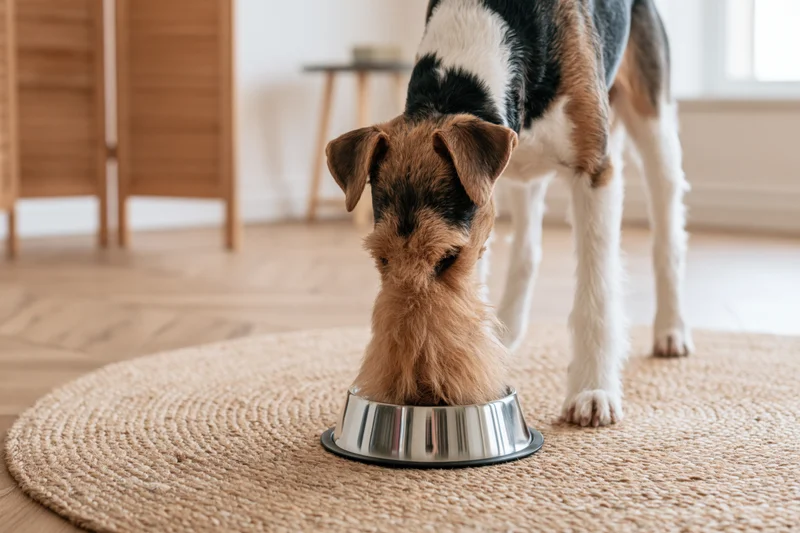 Wire fox terrier eating from a stainless steel bowl on a round rug in a bright living room