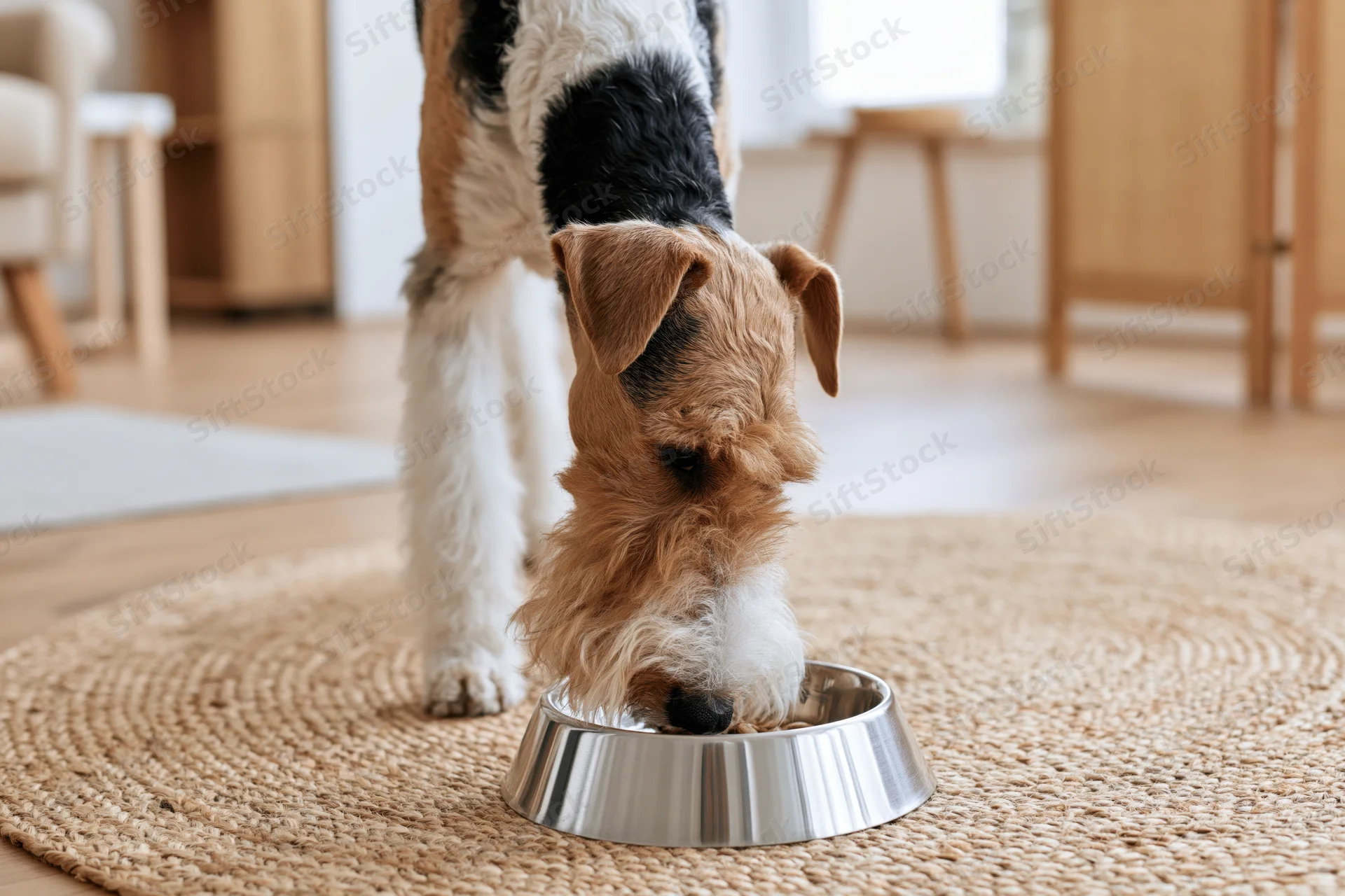 Wire fox terrier eating from a stainless steel bowl on a woven rug in a living room