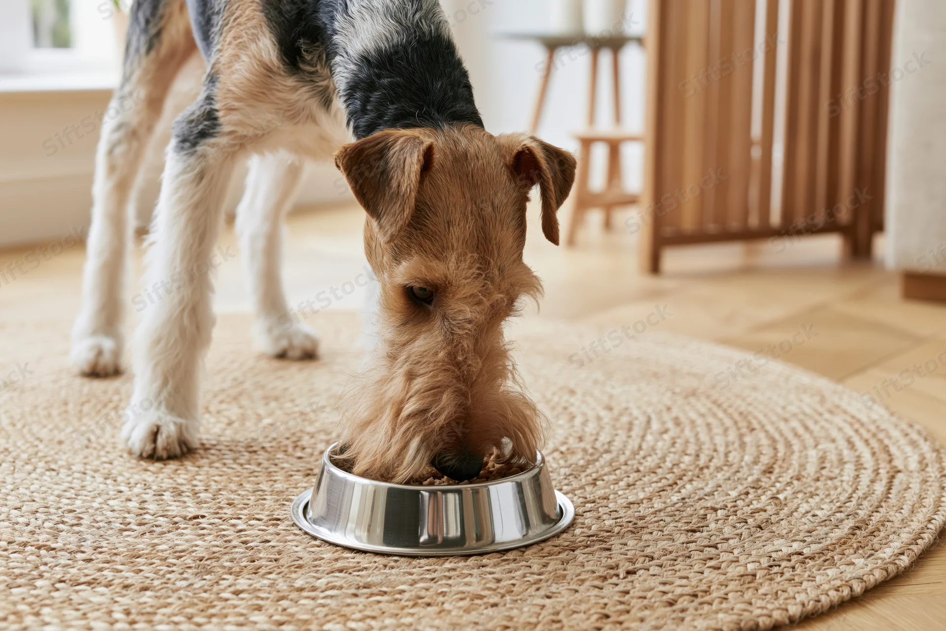 Wire fox terrier eating from stainless steel bowl on round jute rug in living room