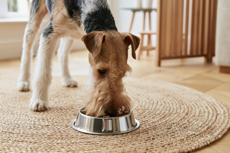 Wire fox terrier eating from stainless steel bowl on round jute rug in living room