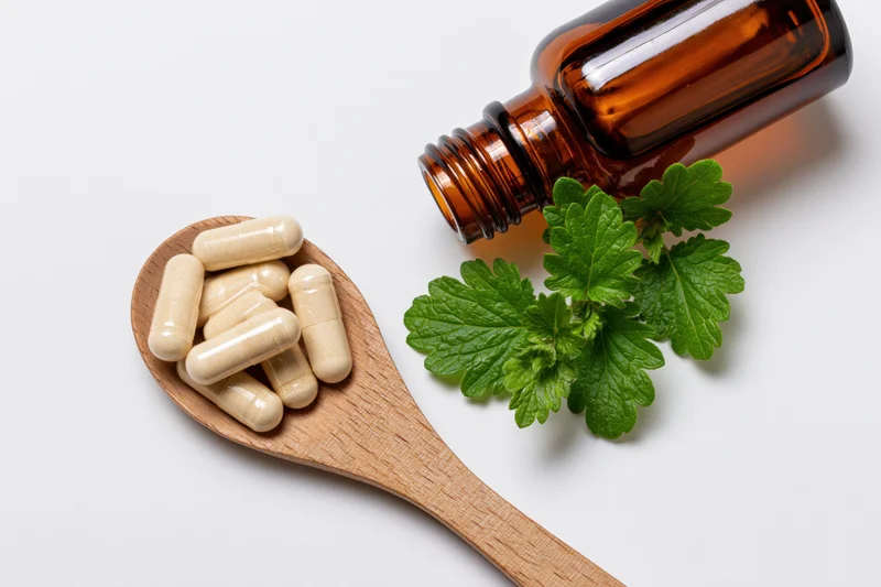 Wooden spoon holding herbal supplement capsules rest on surface