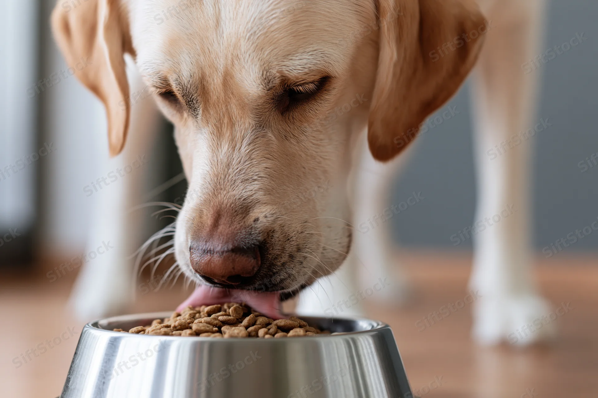 Yellow labrador eating dry kibble from a stainless steel bowl indoors