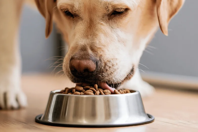 Yellow labrador eating dry kibble from a stainless steel bowl on wooden floor