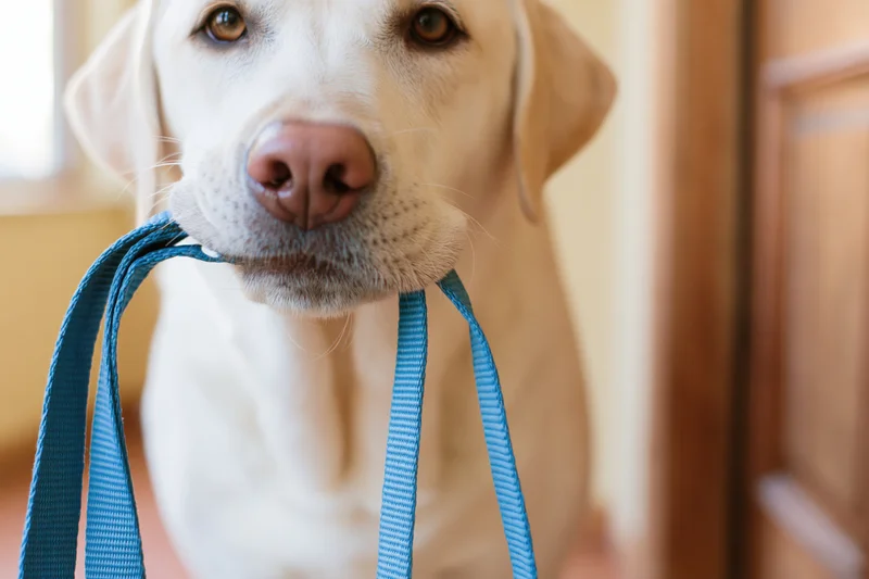 Yellow labrador holding blue nylon leash in mouth indoors