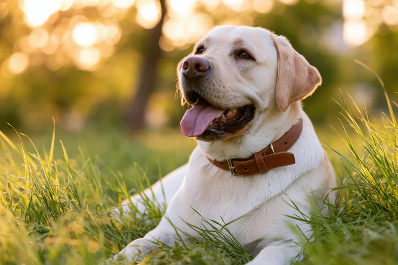 Yellow labrador retriever lying in tall green grass with tongue out during golden hour