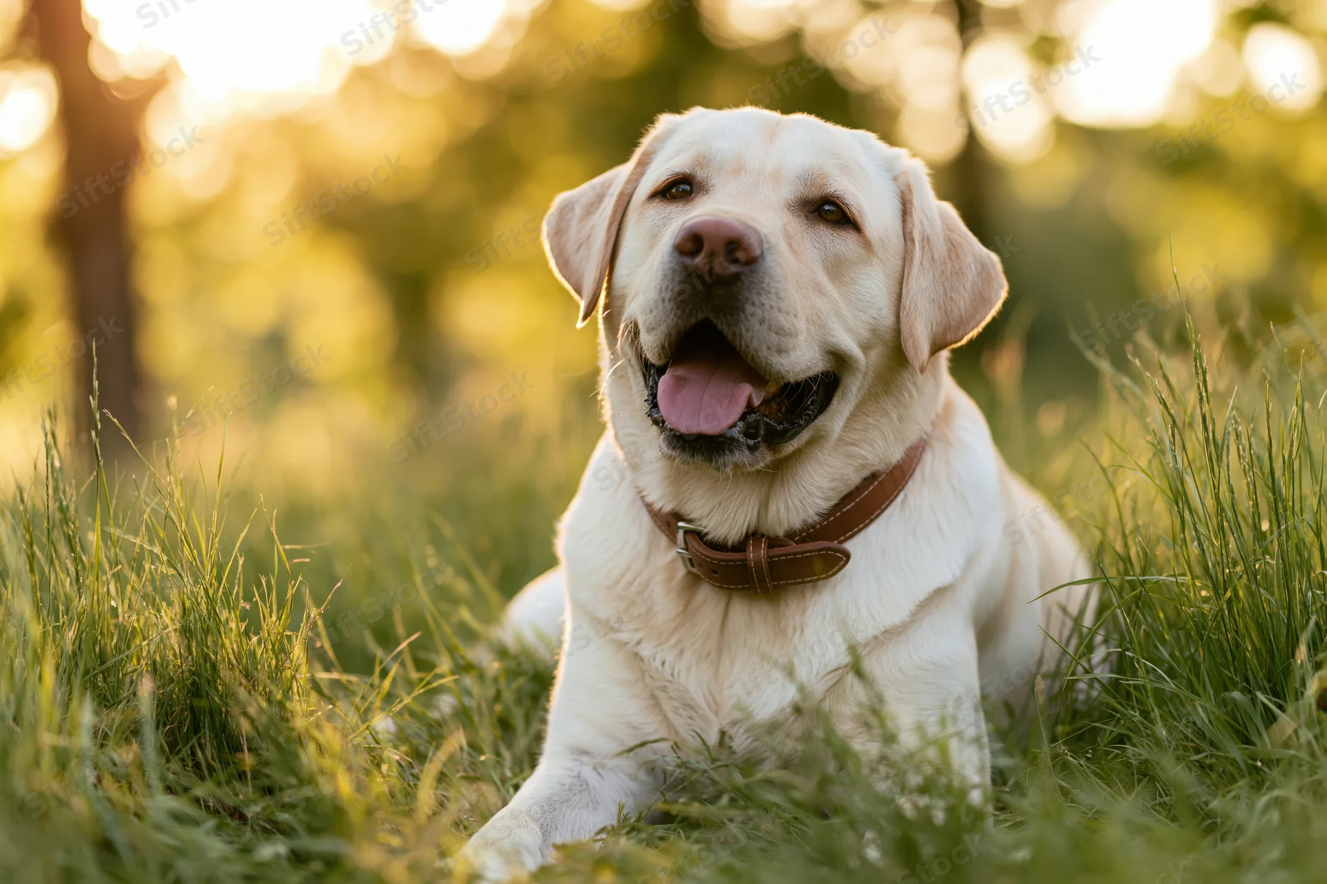 Yellow labrador retriever lying in tall green grass with mouth open and tongue out, wearing leather collar, in sunlit outdoor field