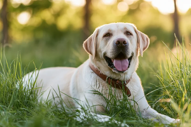 Yellow labrador retriever lying in tall green grass with mouth open and tongue out, wearing a brown leather collar, in a sunlit field