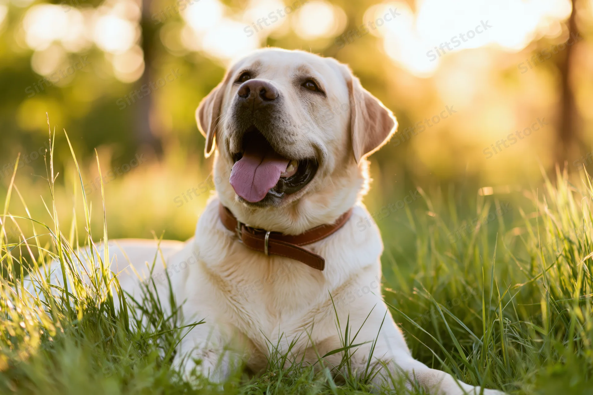 Yellow labrador retriever lying in tall green grass with mouth open and tongue out in a sunlit field