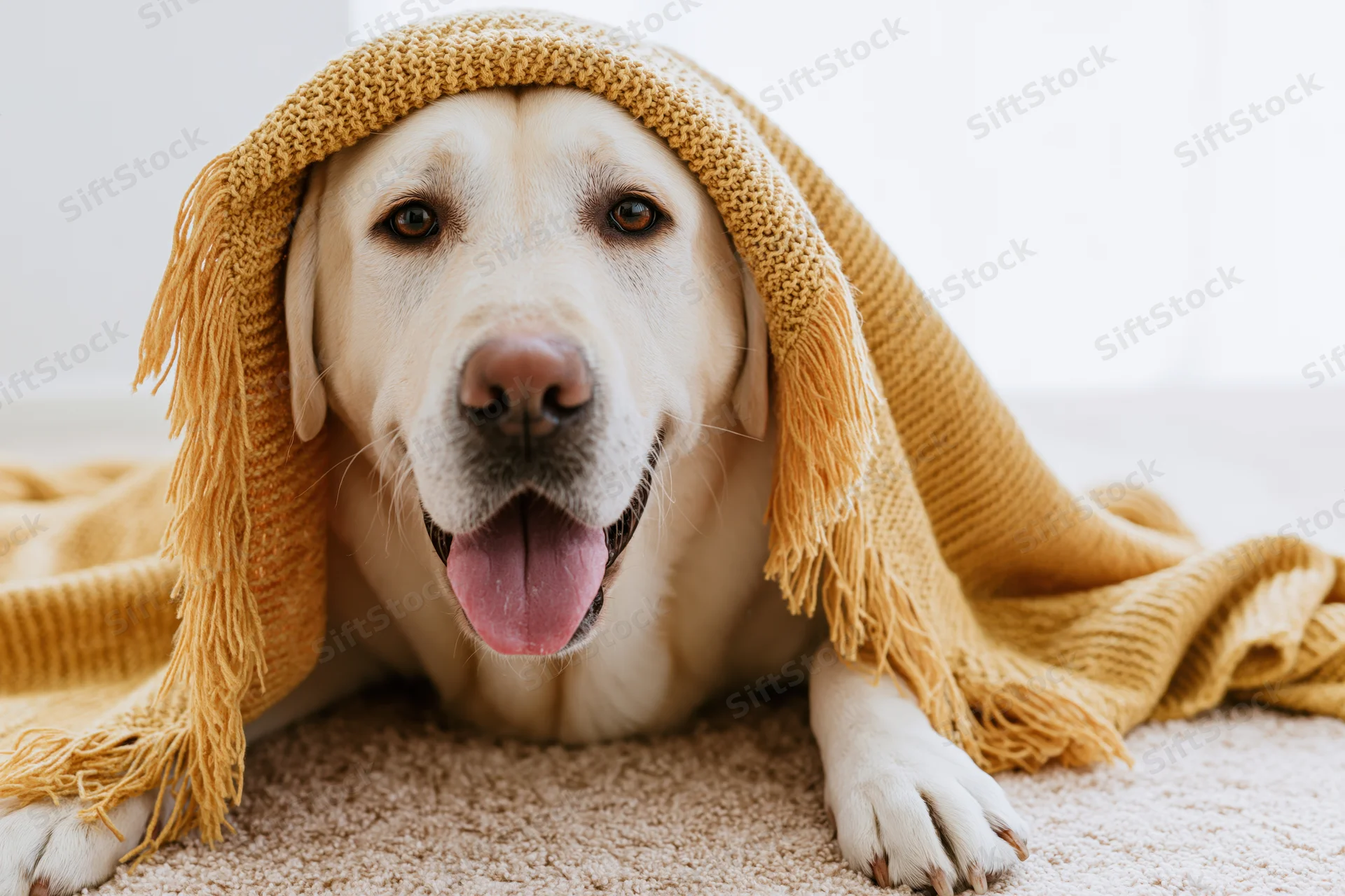 Yellow labrador retriever lying on beige carpet under knitted mustard blanket