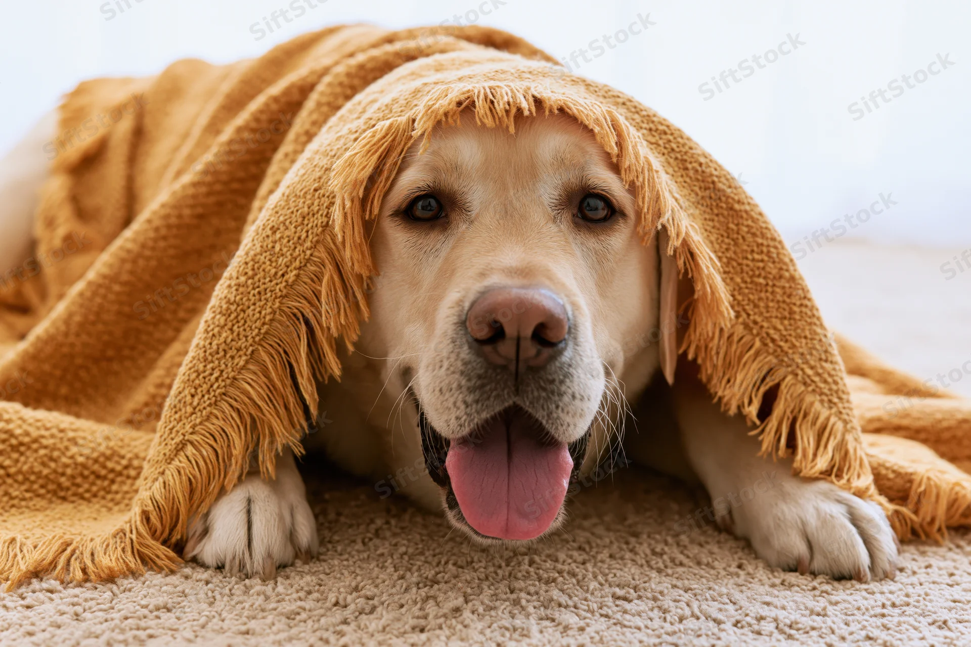 Yellow labrador retriever lying on beige carpet under fringed blanket with tongue out