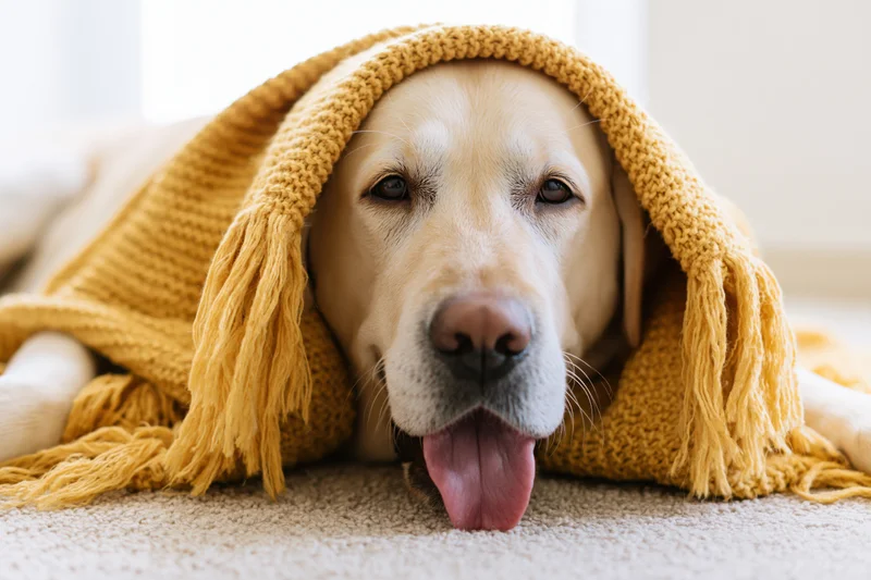Yellow labrador retriever lying on beige carpet under mustard knit blanket with tongue out