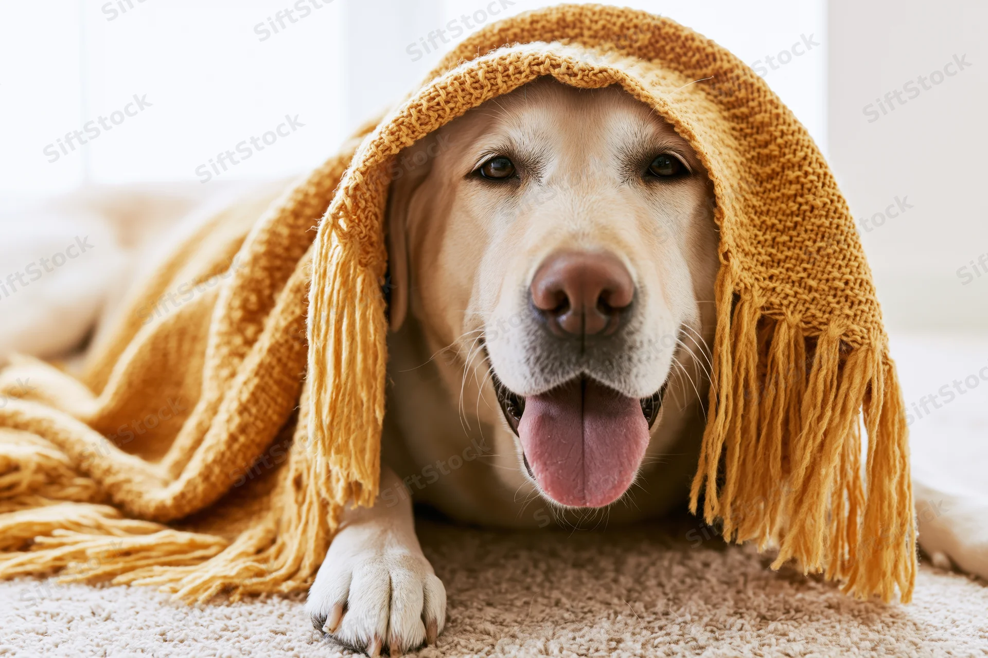 Yellow labrador retriever lying on beige carpet with mustard knitted blanket draped over head, tongue out, panting, relaxed