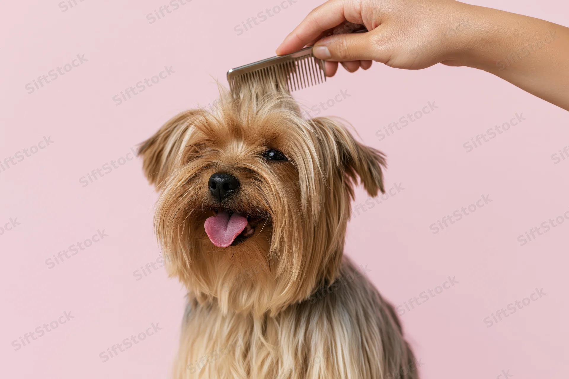 Yorkshireterrier being combed on pink background with hand holding metal comb