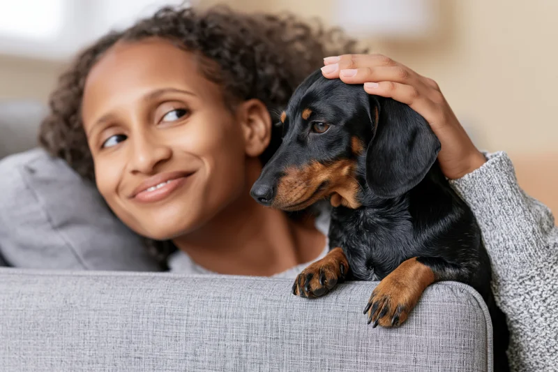 Young woman smiling while petting a small dachshund on a gray couch