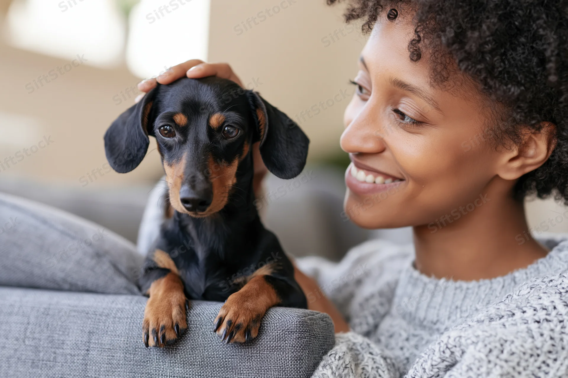 Woman smiling at small dachshund on couch at home