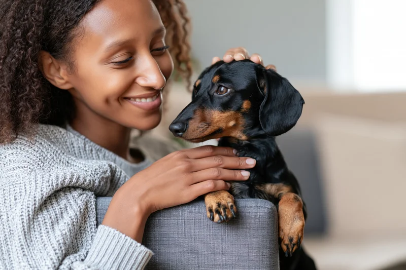 Woman smiling at a small dachshund while petting it on a couch indoors
