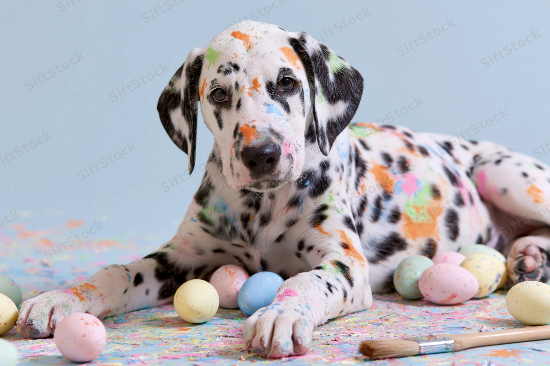 Dalmatian puppy lying on a painted surface with colorful eggs and a brush around it