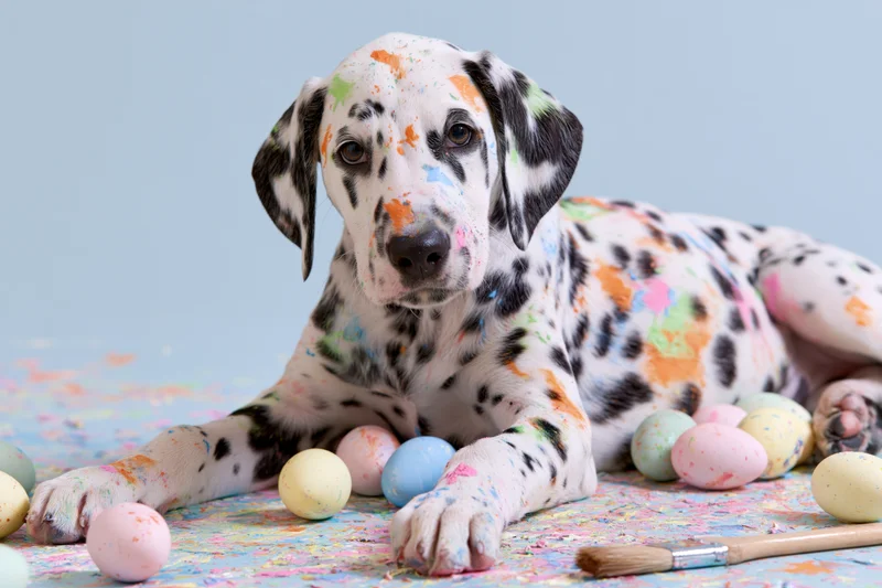 Dalmatian puppy lying on a painted surface with colorful eggs and a brush around it