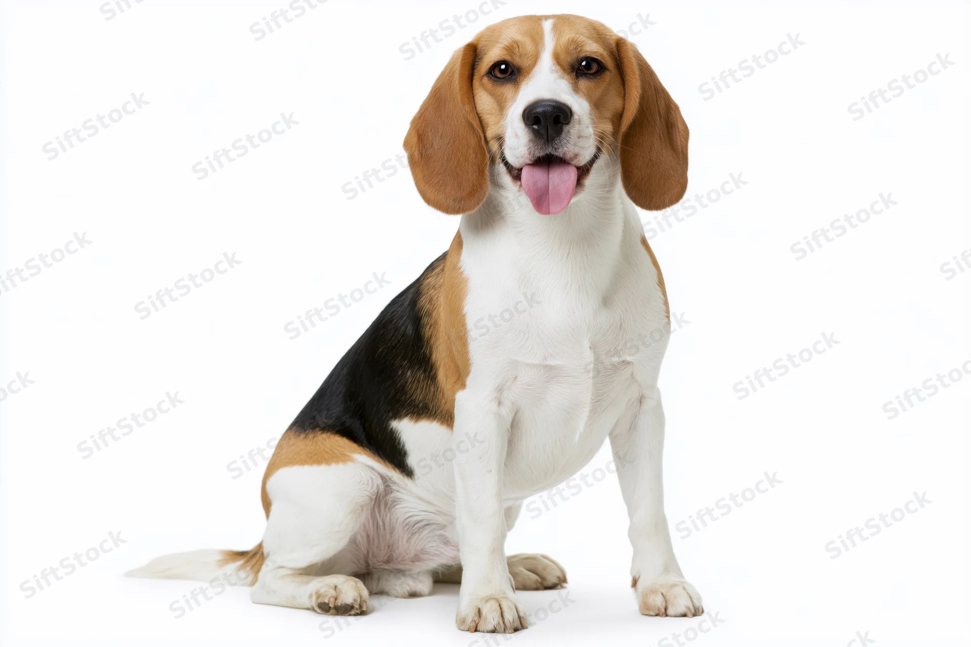 Beagle dog sitting upright with tongue out on white background