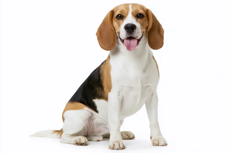 Beagle dog sitting upright with tongue out on white background