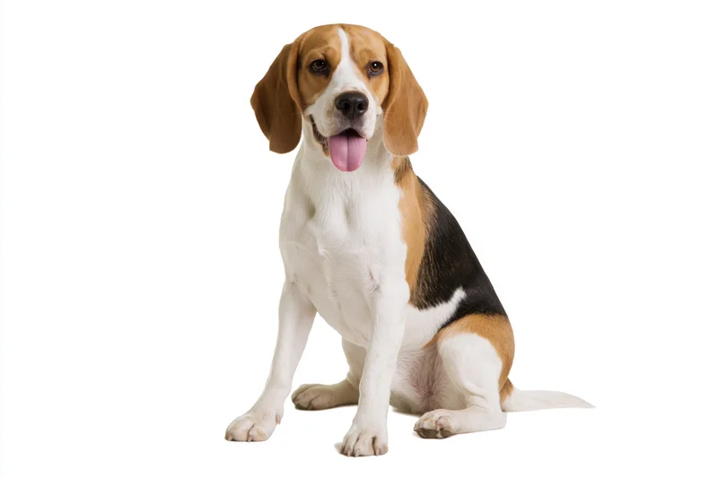 Young beagle dog sitting upright with tongue out on white background