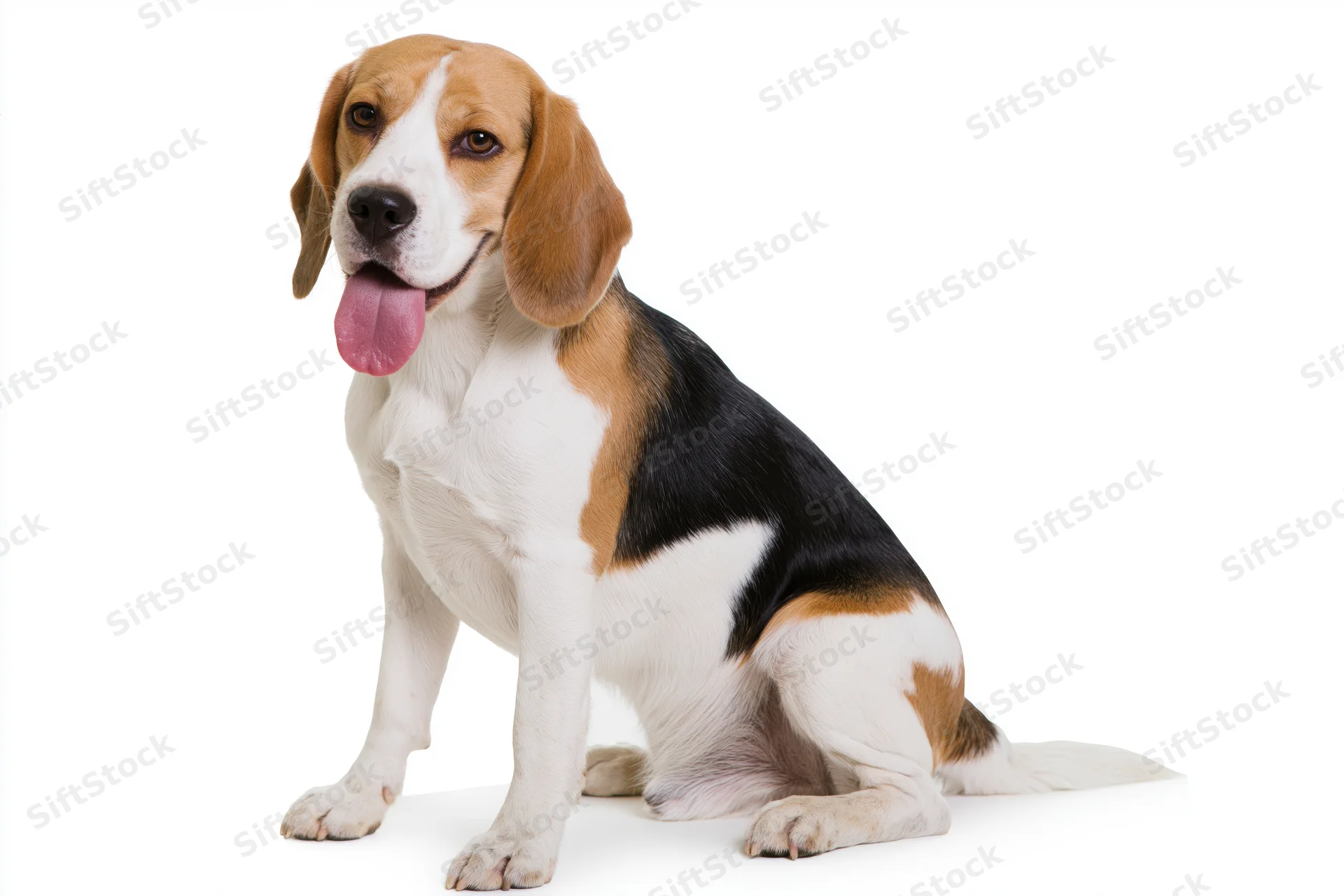 Beagle dog sitting upright with tongue out on white background