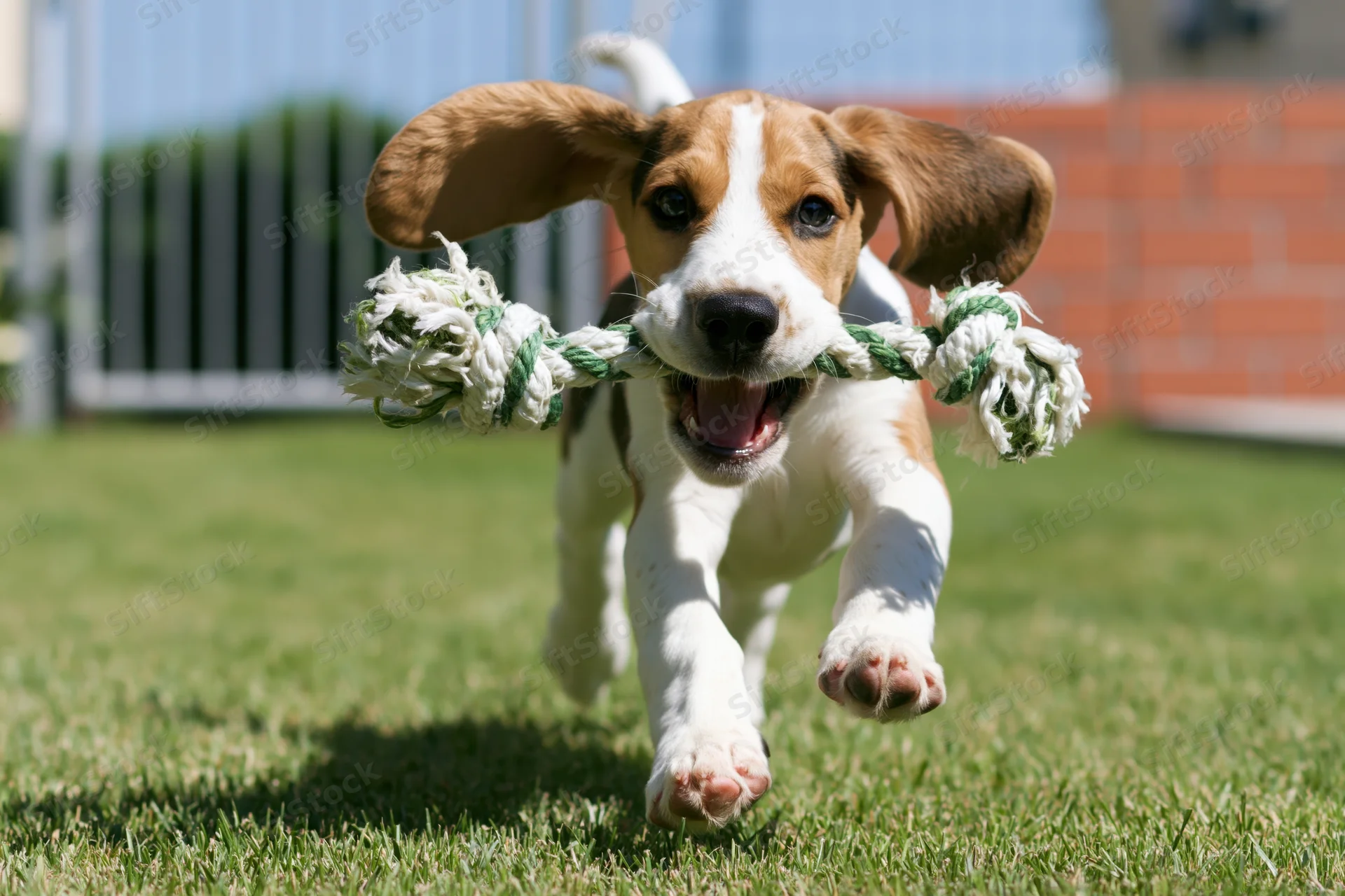 Young beagle puppy running with rope toy across green lawn in backyard
