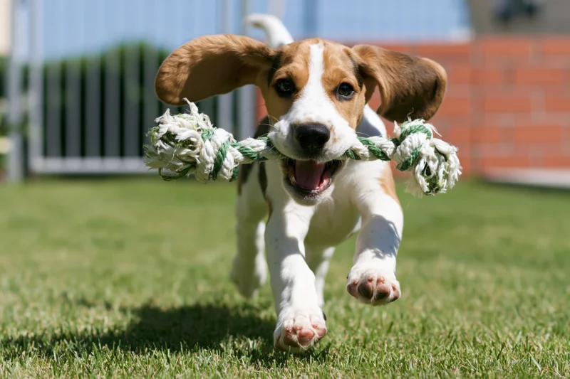 Young beagle puppy running with rope toy across green lawn in backyard