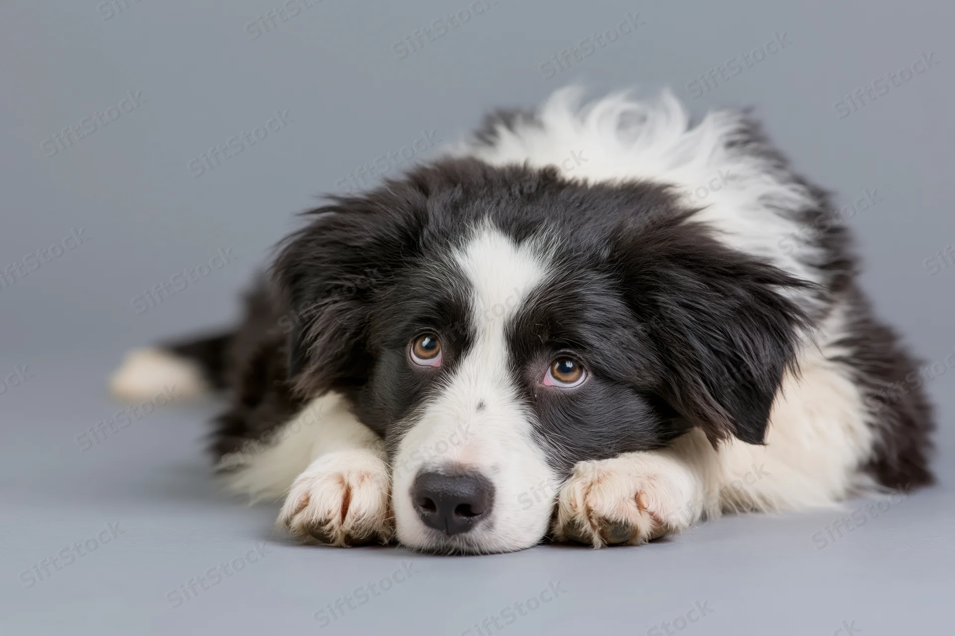 Young border collie puppy lying flat on its belly with head resting on paws in studio setting
