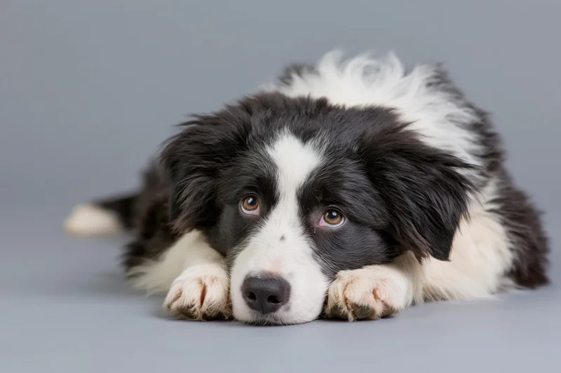Young border collie puppy lying flat on its belly with head resting on paws in studio setting