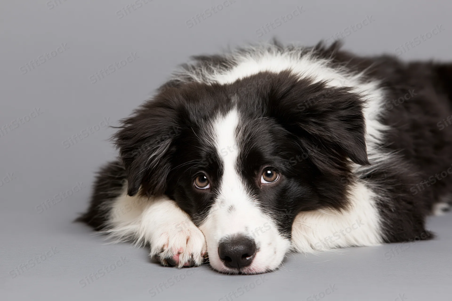 Young border collie puppy lying on gray studio floor with head resting on paws