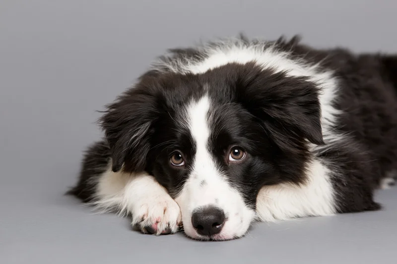 Young border collie puppy lying on gray studio floor with head resting on paws