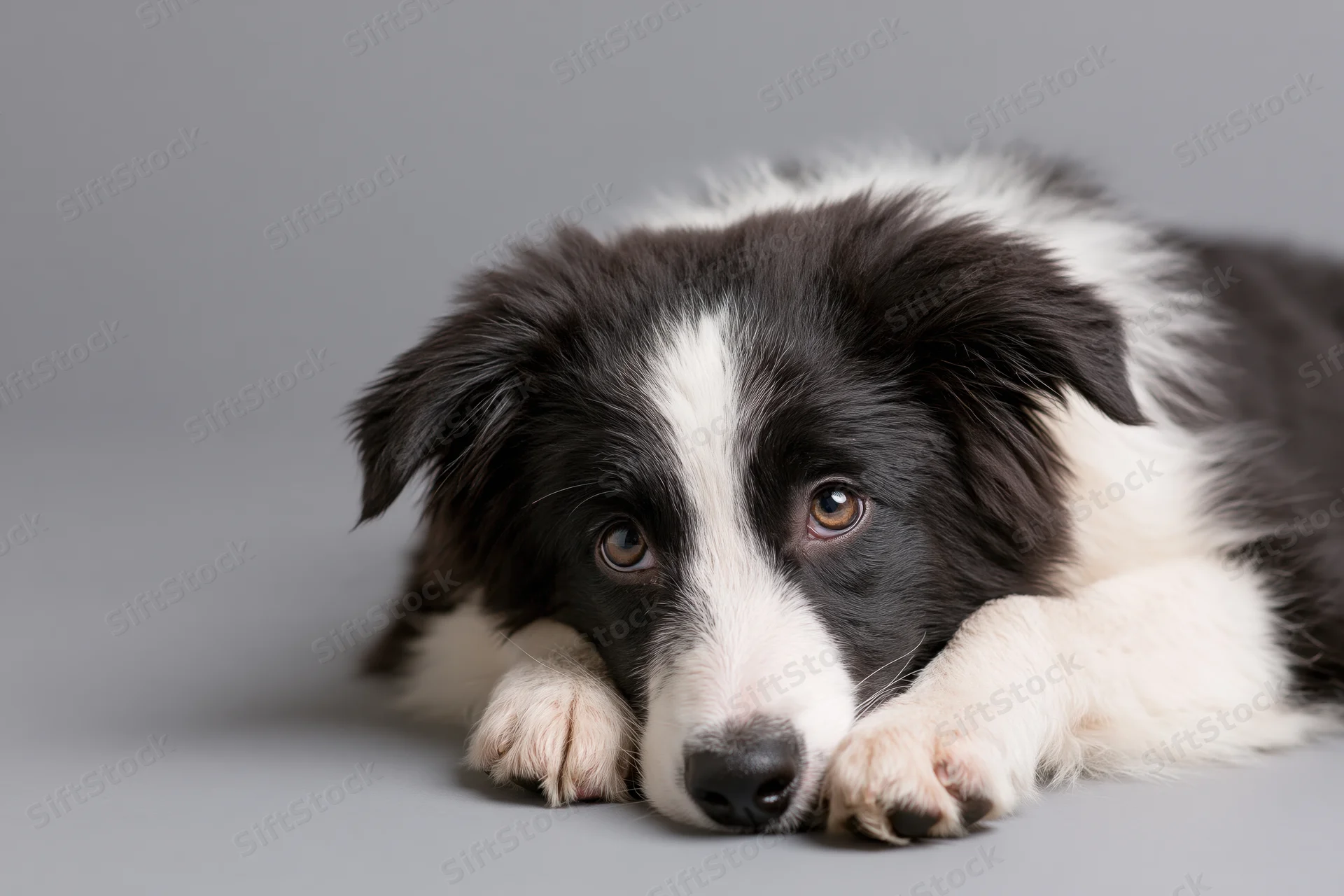 Young border collie puppy lying on gray studio background with head resting on paws