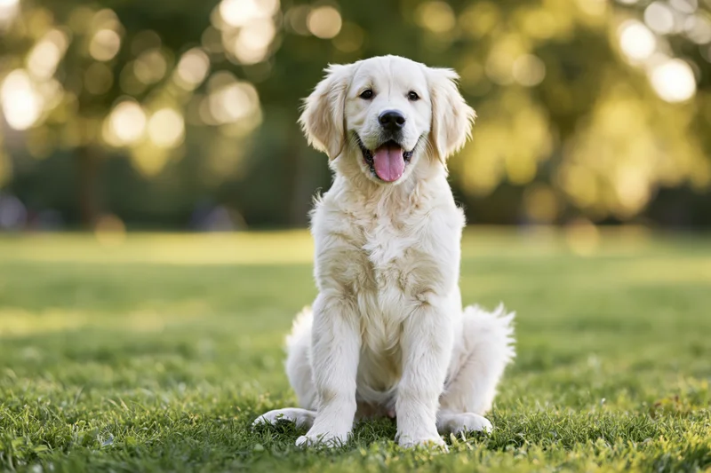 Cream golden retriever puppy sitting upright on green grass in a sunlit park