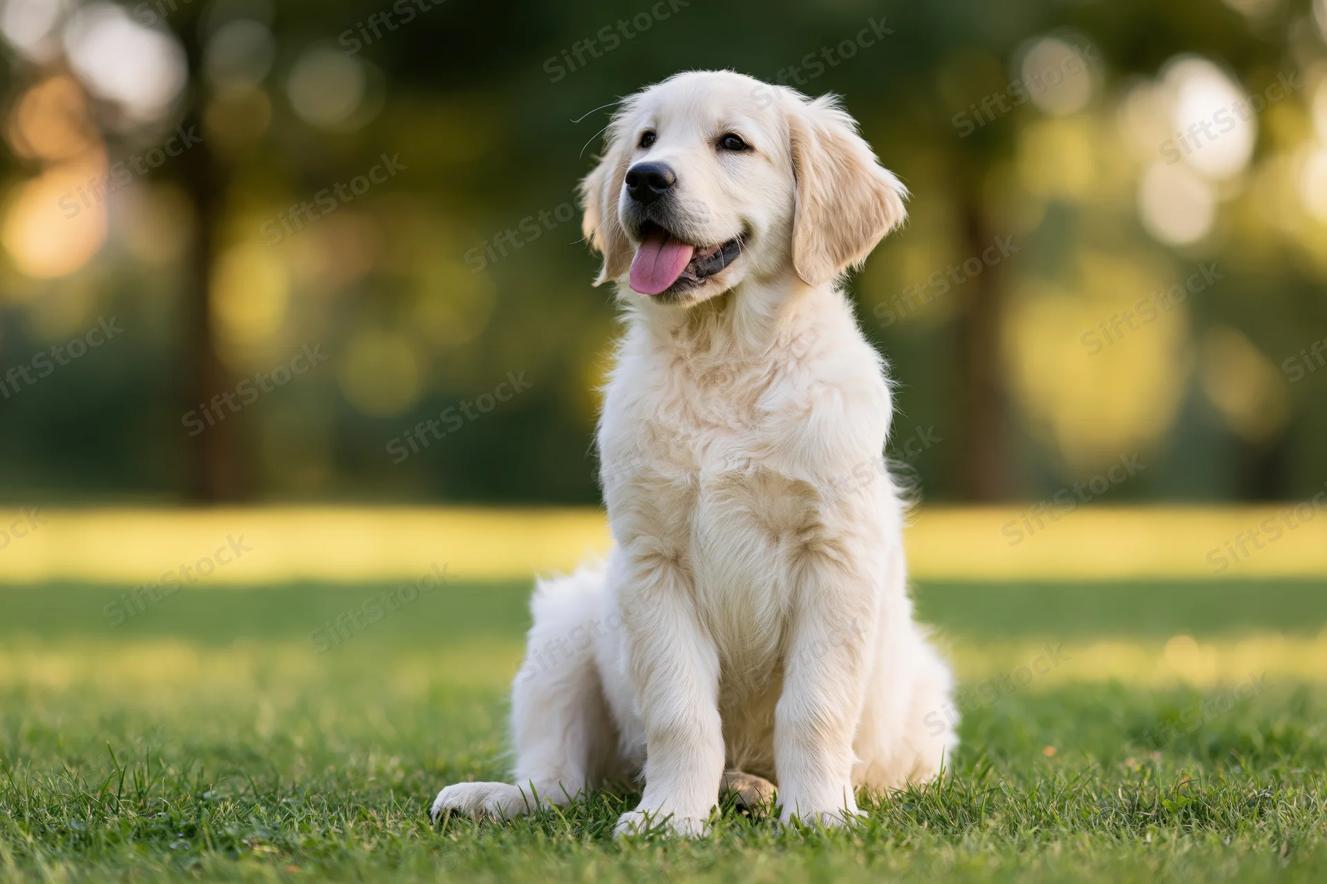Cream golden retriever puppy sitting upright on green grass in a park