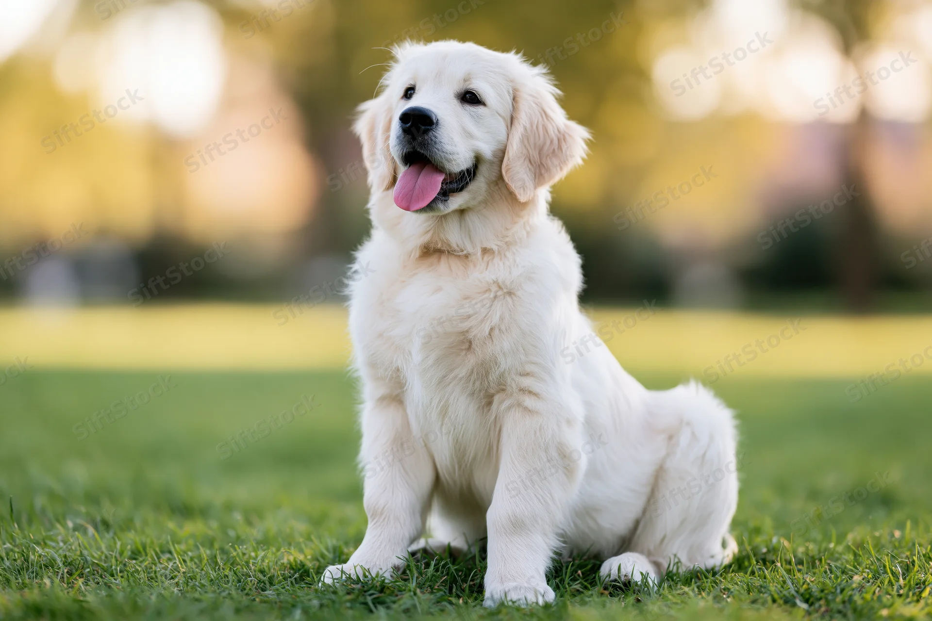 Young cream golden retriever puppy sitting upright on green grass in a park