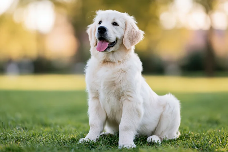 Young cream golden retriever puppy sitting upright on green grass in a park