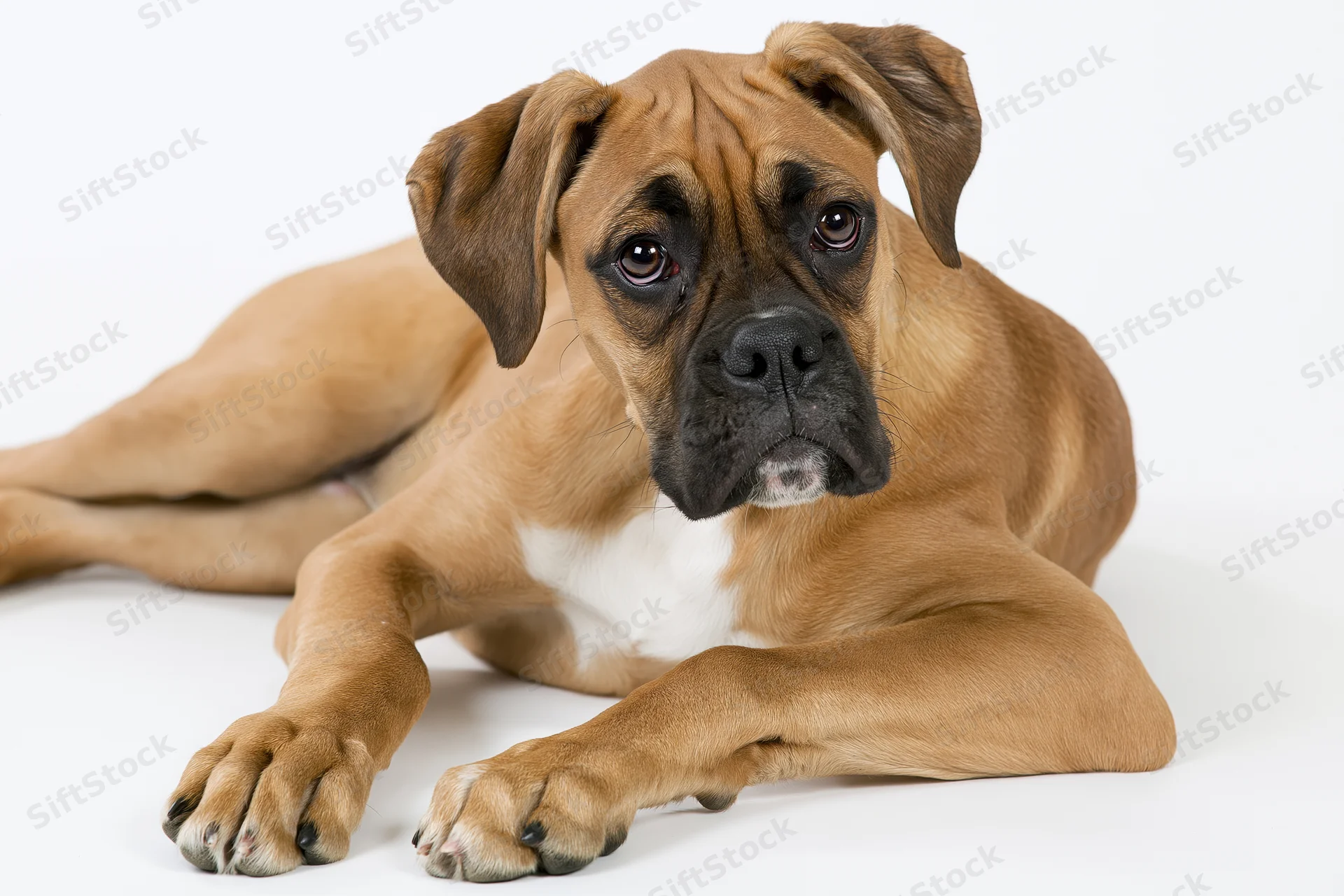 Young fawn boxer puppy lying down with front paws stretched on white studio background