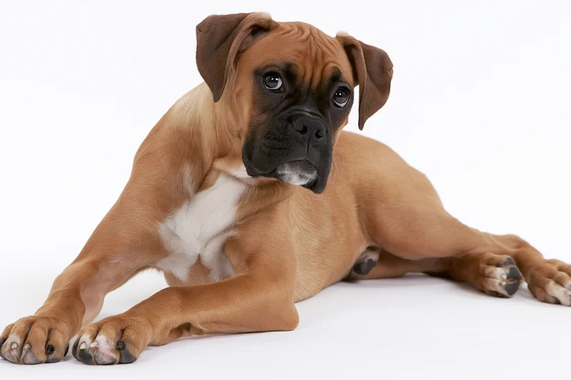 Fawn boxer puppy lying down with front paws stretched out on white background