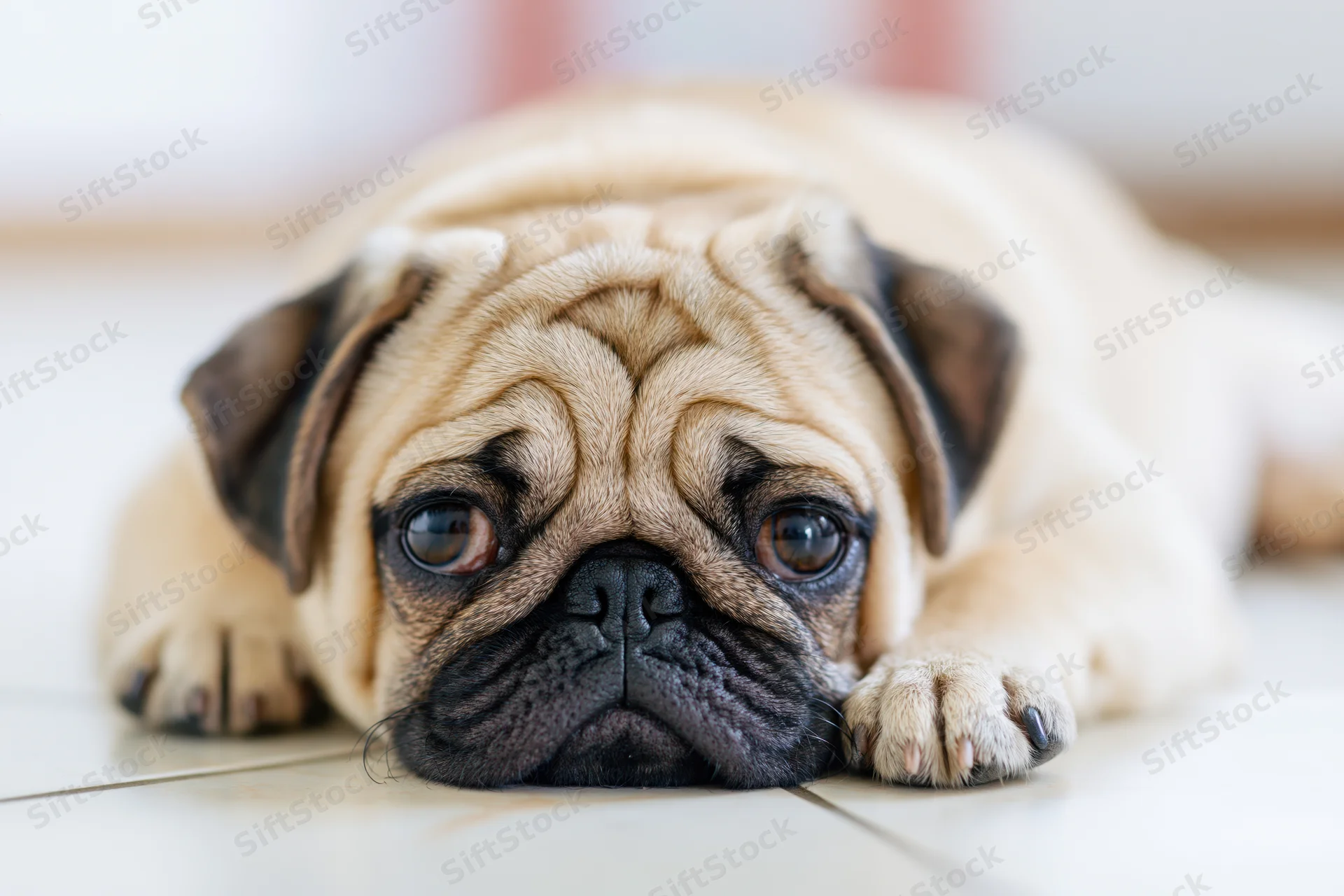 Fawn pug lying on tiled floor with head resting on paws, close-up view