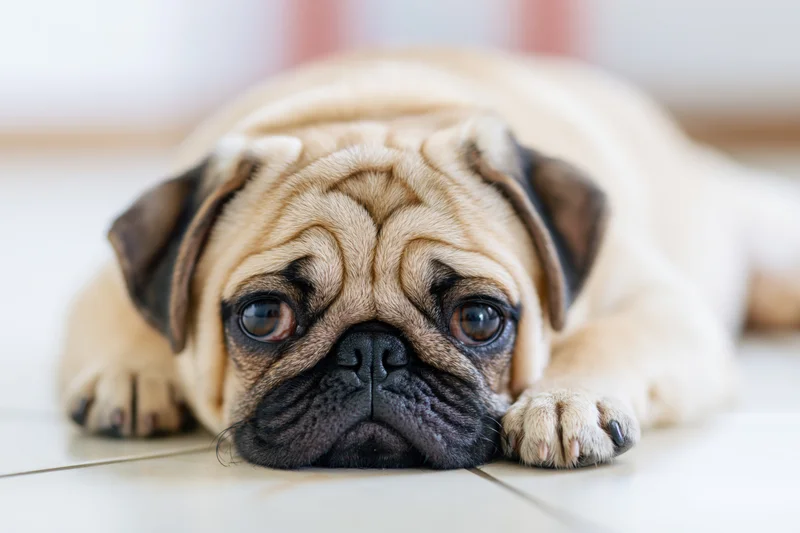 Fawn pug lying on tiled floor with head resting on paws, close-up view