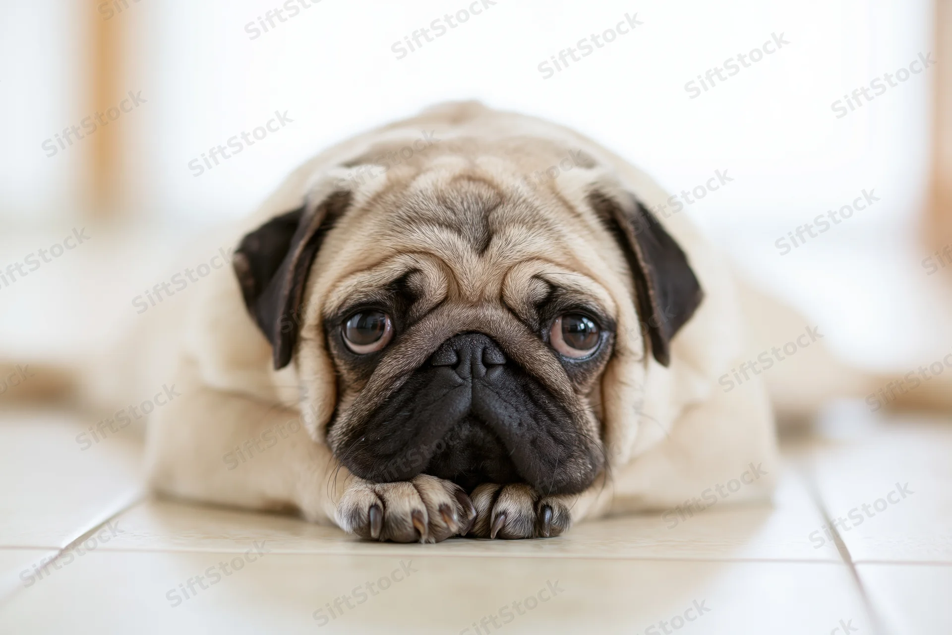 Fawn pug lying flat on tiled floor with chin resting on paws