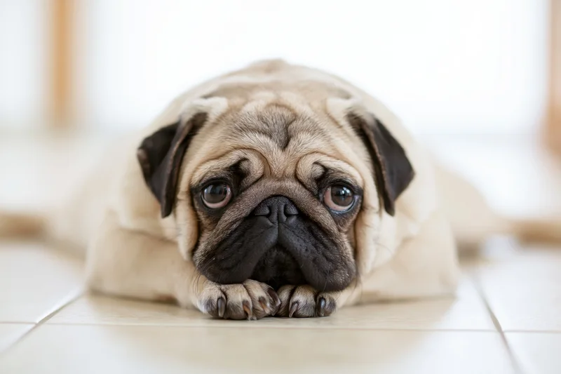 Fawn pug lying flat on tiled floor with chin resting on paws