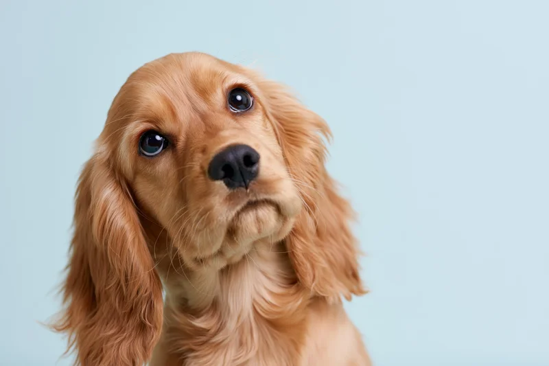 Young golden cocker spaniel puppy looking up with wide dark eyes against light blue studio background
