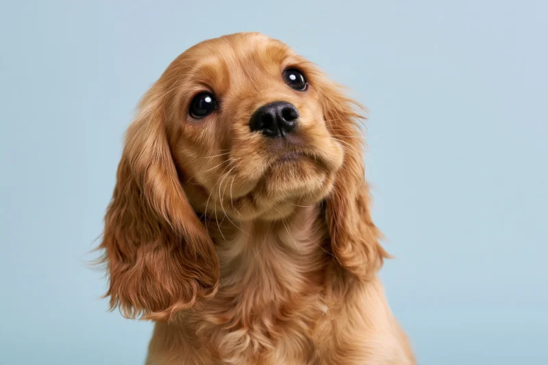 Young golden cocker spaniel puppy looking up with wide dark eyes against a light blue background