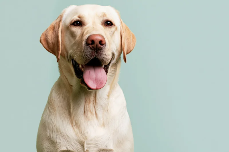 Young golden labrador retriever sitting upright facing camera in studio portrait with tongue out